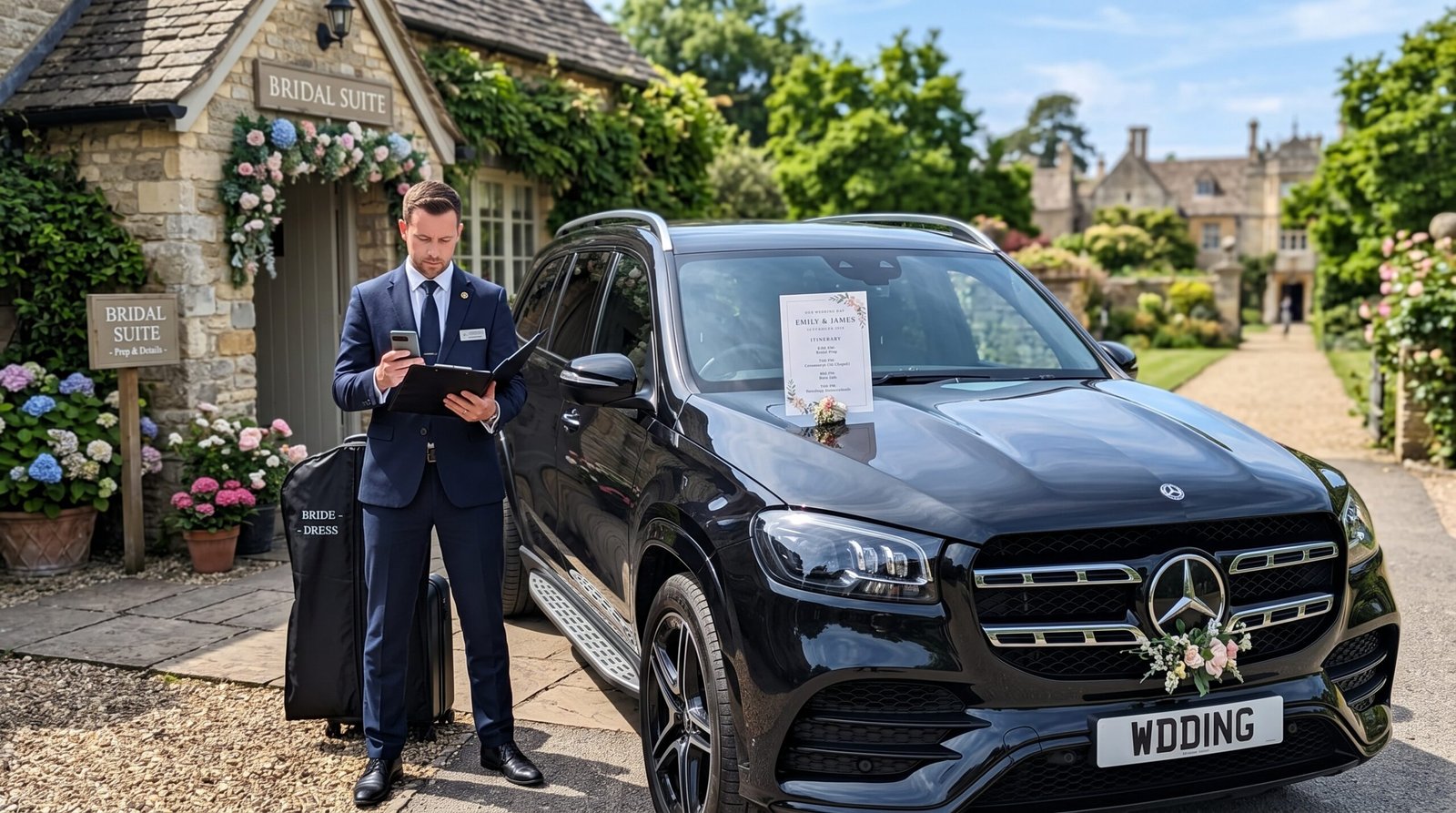 A black luxury SUV with a couple's wedding itinerary/timeline card visible on the hood or held by a planner nearby, parked outside a bridal suite, chauffeur checking a clipboard/phone, organized and professional mood, daylight.