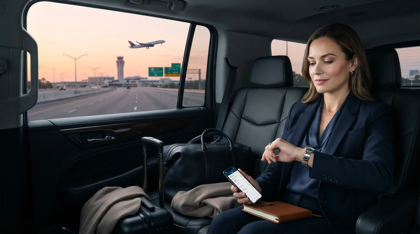 Traveler checking departure time during an early morning airport ride
